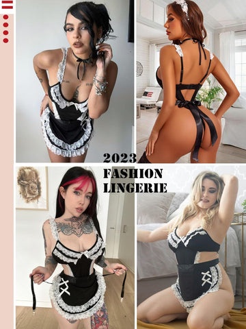 63 - Women Black & White Lace Roleplay Maid Lingerie Bodysuit with Apron & Choker