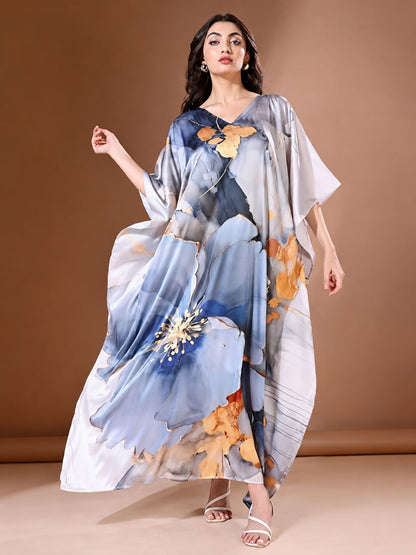 11057-Women Floral Printed Satin Kaftan Dress