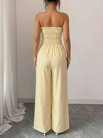 11038 - Women yellow & White Striped Cotton Night Suit