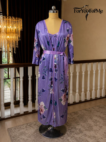 11001-Womens Floral Satin Nightdress with Robe Set