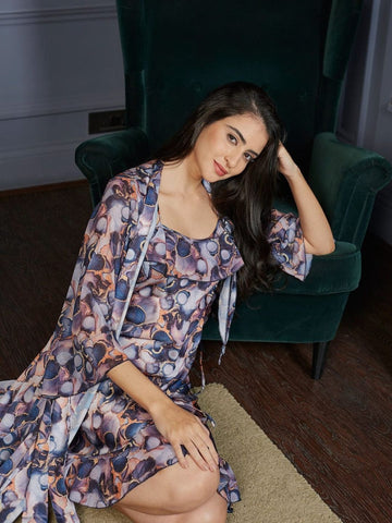 980 - Women Printed Nightdress with Coordinated Long Loungewear Robe