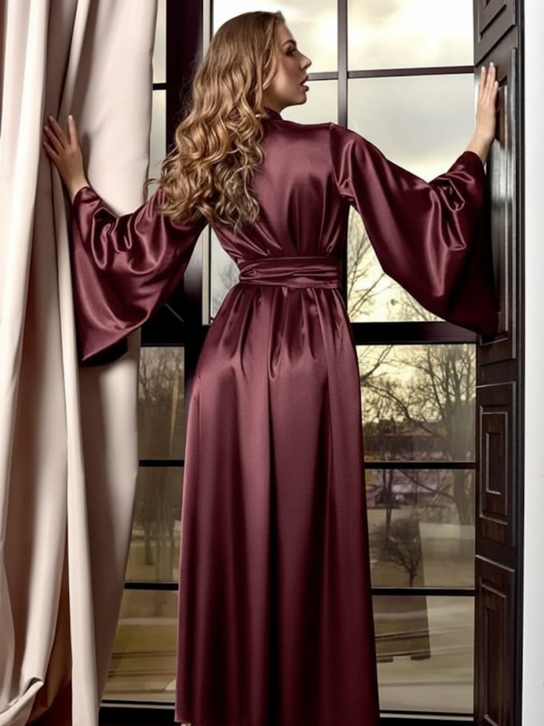 11006- Beige Glamorous Satin Nightwear Robe – Soft & Silky Feel