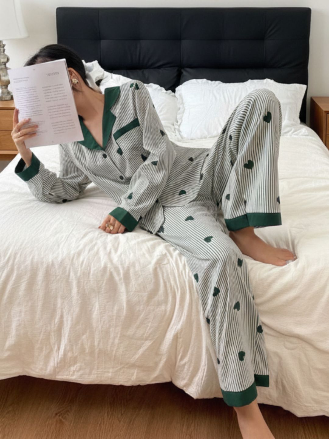11016-Women Striped Heart Print Comfortable Shirt & Pyjama Nightwear Set