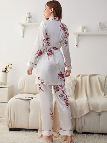 11009-RED Women’s Satin Floral Pajama Set with Matching Robe – Luxury Sleepwear Loungewear Set