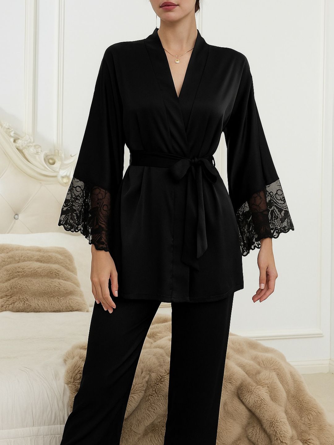 11002-Black Satin Nightwear Set with Lace Trim | Luxury Sleepwear For Women