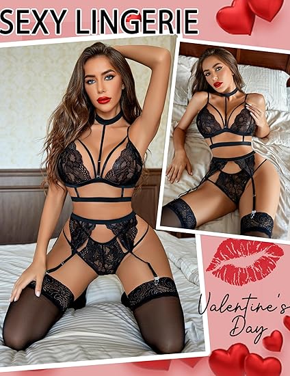83-Seductive Black Lace Strappy Lingerie Set with Garter Belt & Stockings
