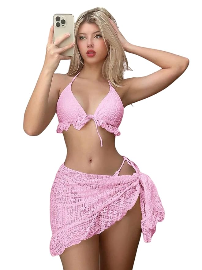 2001-Pink Crochet Bikini Bralette with Matching Wrap Skirt Set