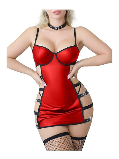 93-Red Faux Leather Cut-Out Bodycon Dress with Buckle Detail