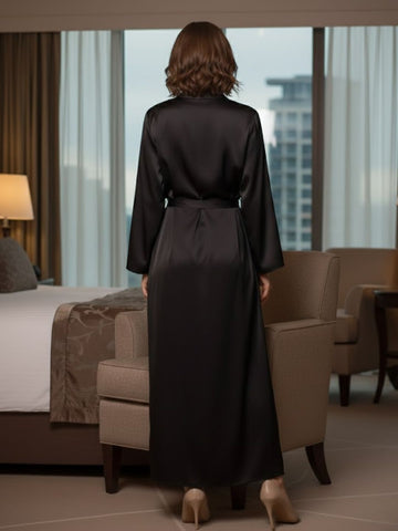 11015- Women Black Satin Nightwear Set with Lace-Trimmed Slip & Robe