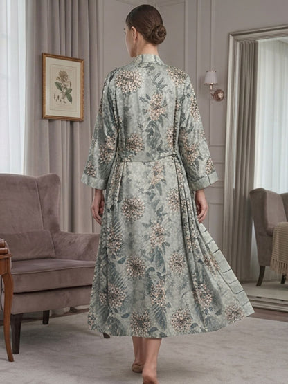 11023 - Women Grey Stripes Satin Nightdress with Floral Printed Long Robe