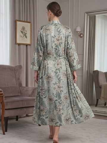 11023 - Women Grey Stripes Satin Nightdress with Floral Printed Long Robe