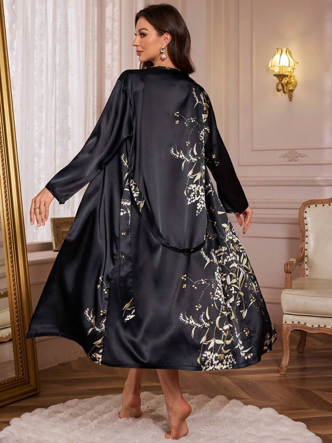 11003-Green Floral Satin Nightwear Robe Set for Women – Elegant Night Dress & Sleepwear