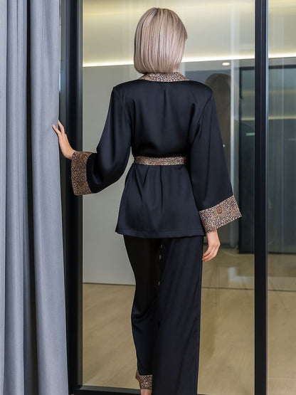11007-Luxury Black Satin 3-Piece Nightwear Set for Women | Printed Border Robe & Pyjama Set