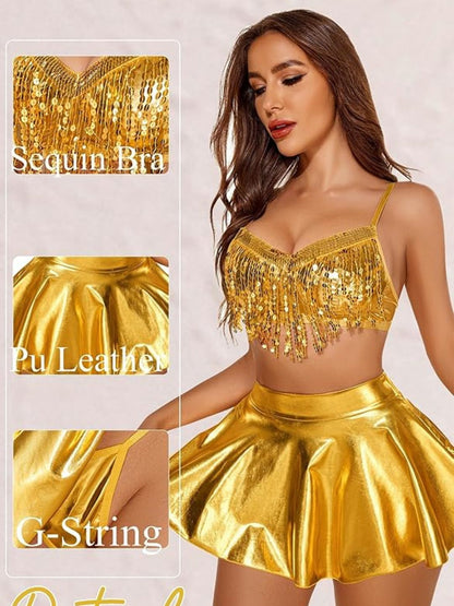 156 - Women Gold Embellished Sequinned Fringe Party Wear Crop Top & Mini Skirt 2-Piece Nightwear Set
