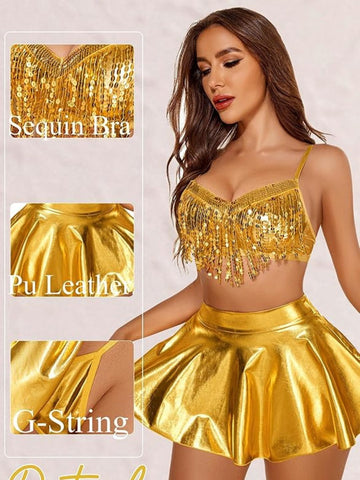 156 - Women Gold Embellished Sequinned Fringe Party Wear Crop Top & Mini Skirt 2-Piece Nightwear Set
