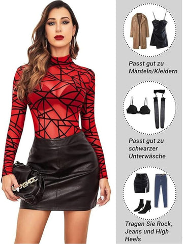 120 Red-Geometric Mesh Long Sleeve Bodysuit