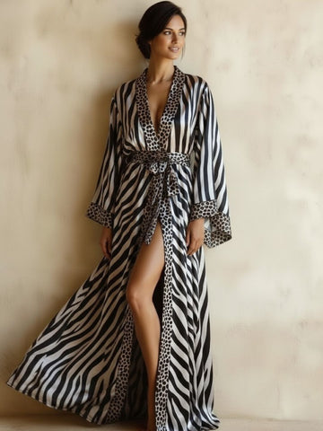 11027 - Women Black & White Satin Wrap Robe with Zebra Stripe & Leopard Print Accents