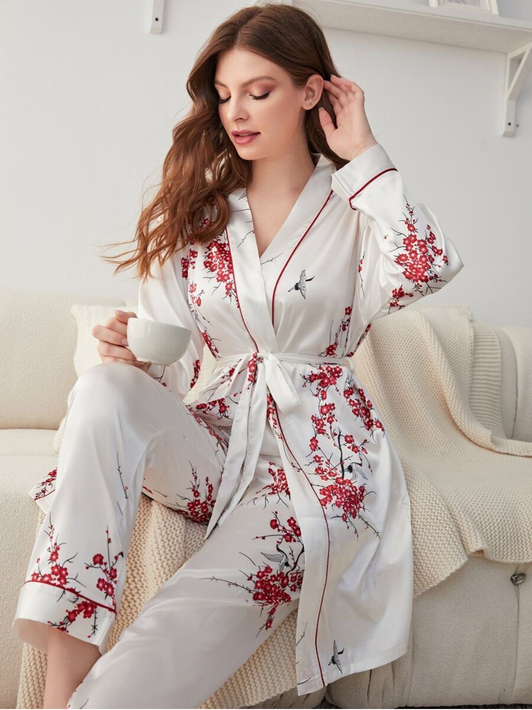 11009-RED Women’s Satin Floral Pajama Set with Matching Robe – Luxury Sleepwear Loungewear Set