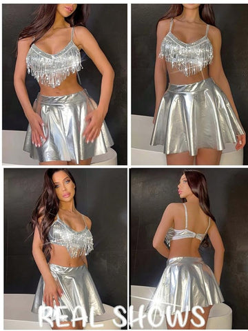 156 - Women Grey Embellished Sequinned Fringe Party Wear Crop Top & Mini Skirt 2-Piece Nightwear Set