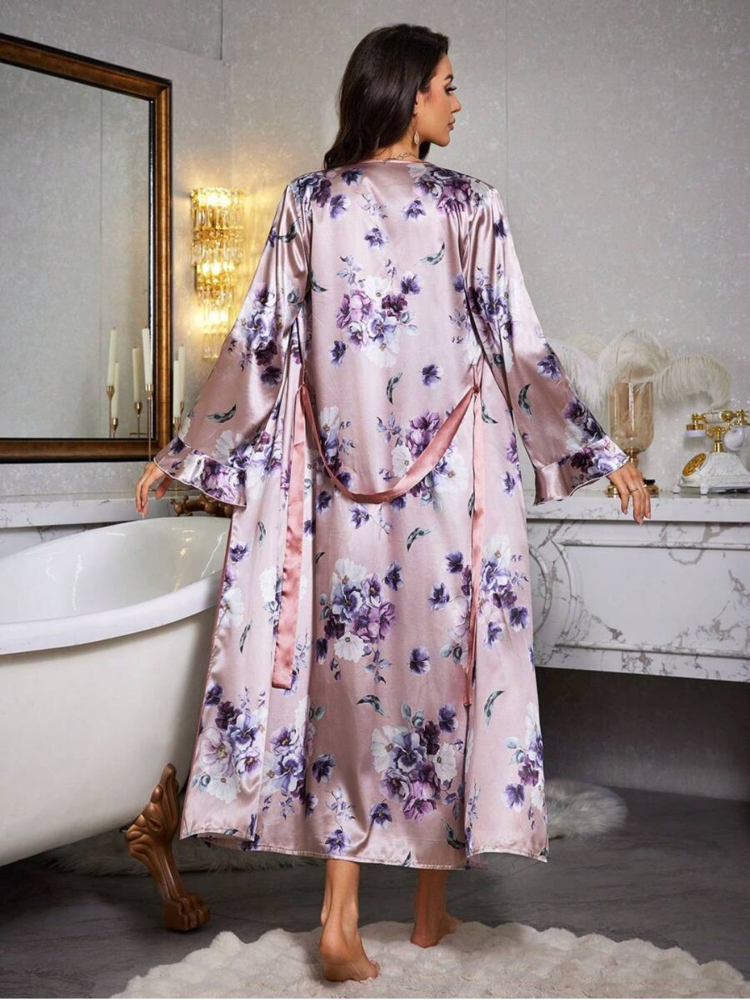 11001-Purple Floral Satin Nightdress with Robe