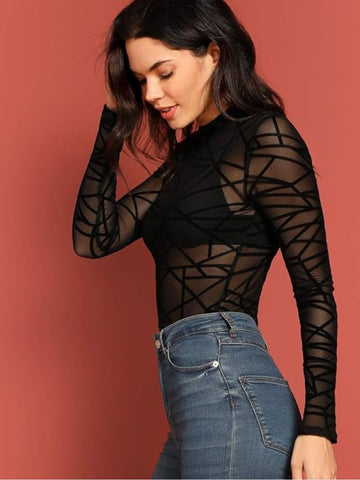 120 Black-Geometric Mesh Long Sleeve Bodysuit