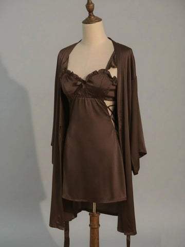 11036 - Women Brown Satin Nightdress with Lace-Up Detail & Robe Set