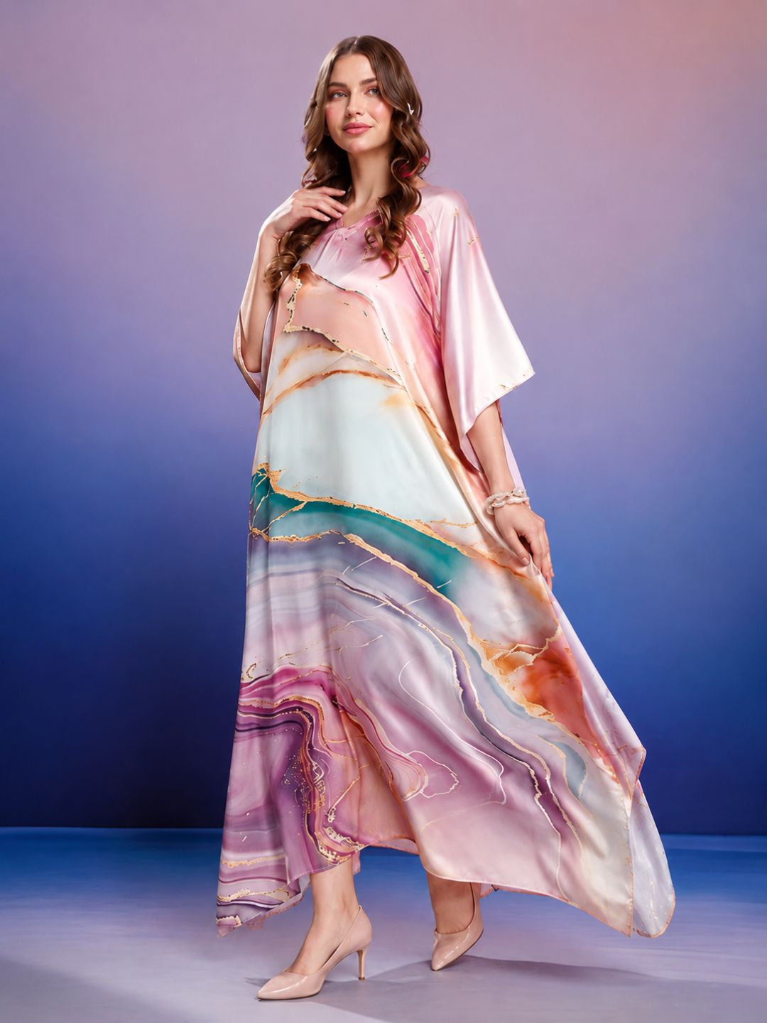 11057-Women Floral Printed Satin Kaftan Dress