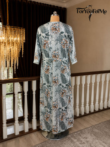 11023 - Women Grey Stripes Satin Nightdress with Floral Printed Long Robe
