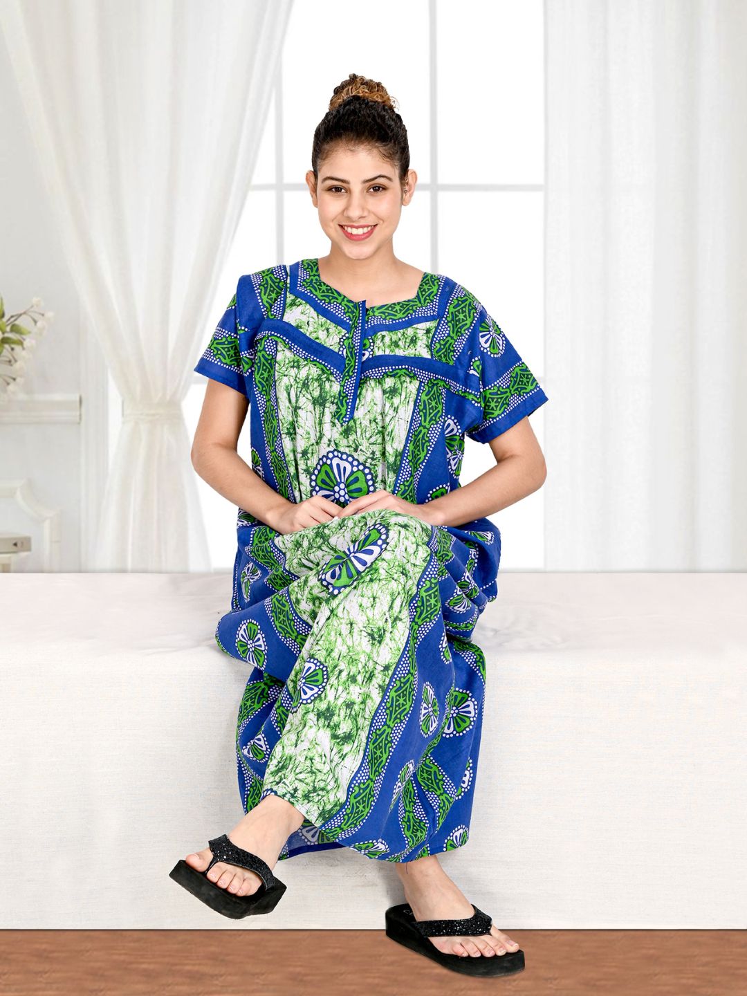 1501-Women's Pure Cotton Blended Printed Maxi Dress for Daily & Night Wear Floral Nighty