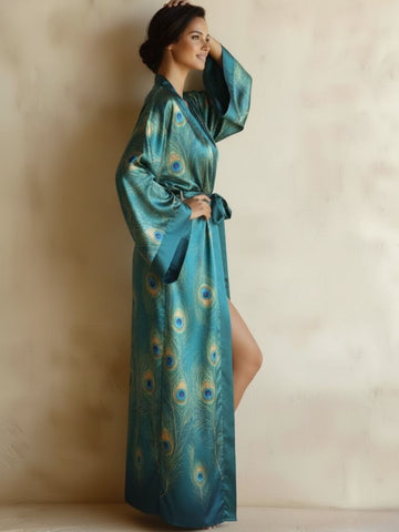 11027 - Women Teal Blue Peacock Feather Print Longline Kimono