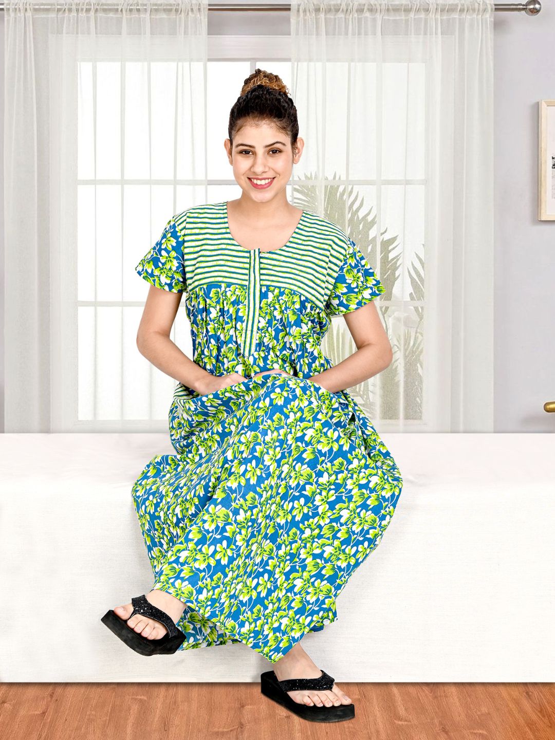 1600-Women's Pure Cotton Blended Printed Maxi Dress for Daily & Night Wear Floral Nighty