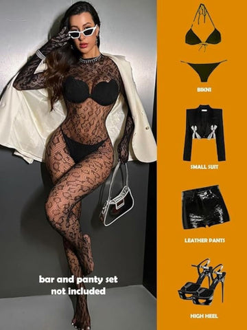 8011-Women’s Black Sheer Nylon Stocking Bodysuit