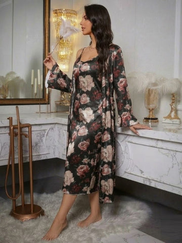 11051-Womens Black Floral Printed Nightdress with Robe