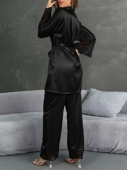 11002-Black Satin Nightwear Set with Lace Trim | Luxury Sleepwear For Women