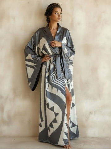11027 - Women Grey & White Geometric Printed Satin Kimono Style Night Robe