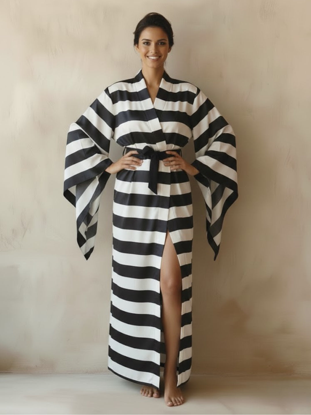 11027 - Women Black Satin Long Night Robe with Leopard Print Trim