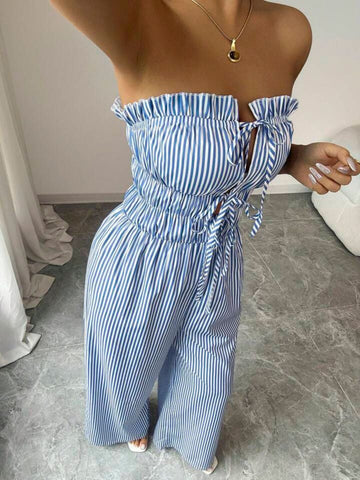 11038 - Women sky blue & White Striped Cotton Night Suit