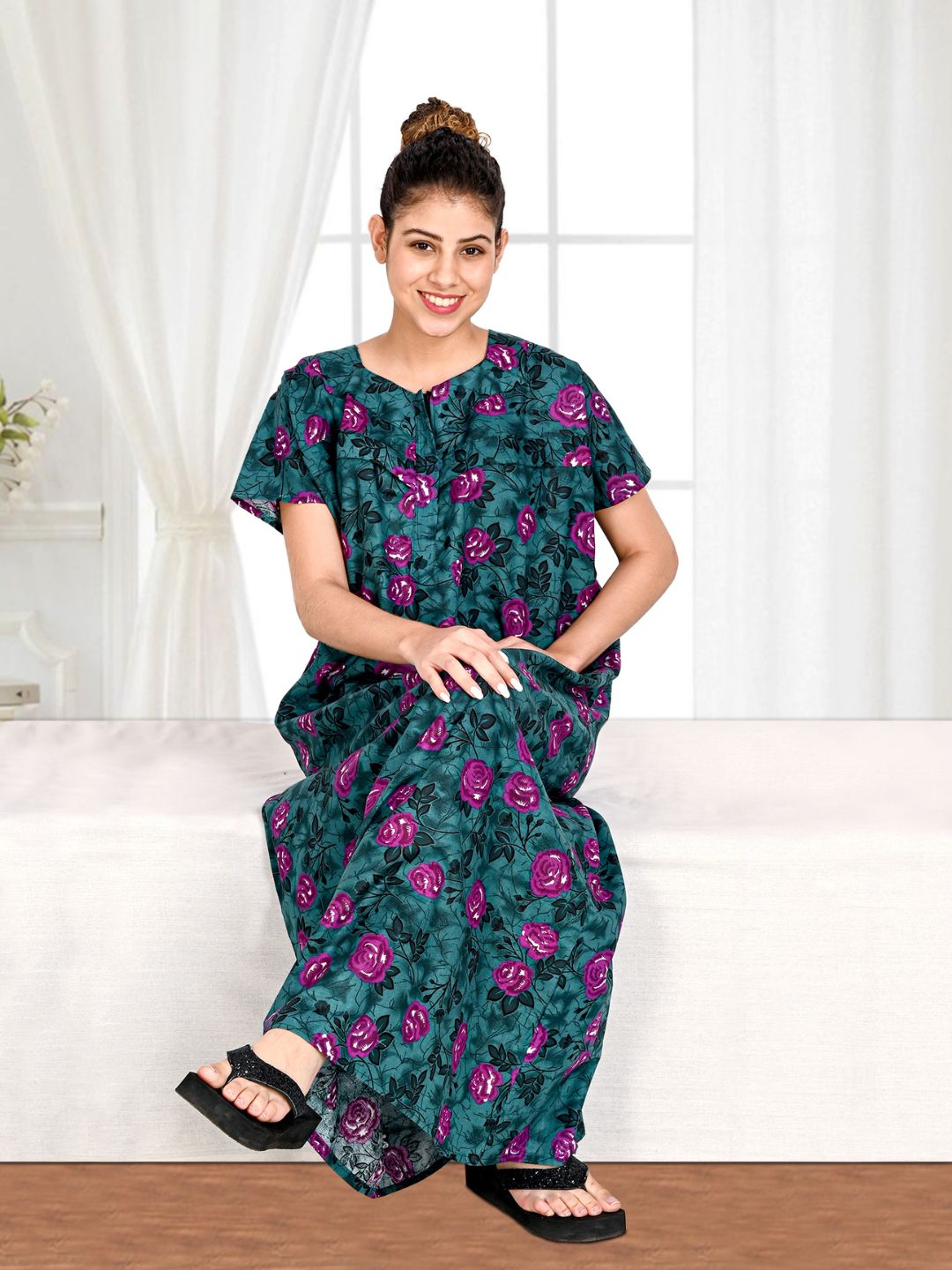 1500-Women's Pure Cotton Blended Printed Maxi Dress for Daily & Night Wear Floral Nighty