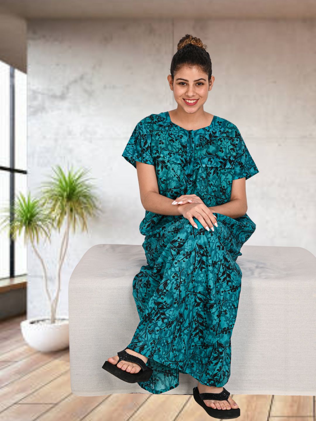 1502-Women's Pure Cotton Blended Printed Maxi Dress for Daily & Night Wear Floral Nighty