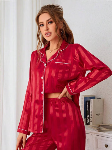 11013-Women Red Satin Finish Shirt & Pyjama Night Suit Set