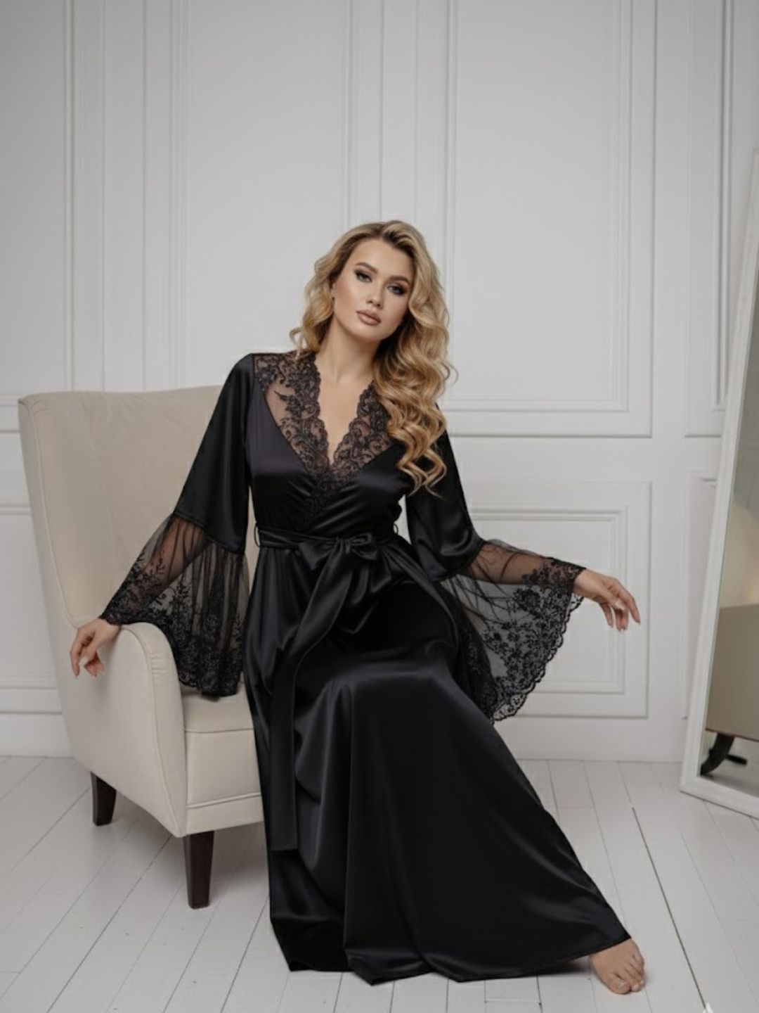 11028-Black Elegant Lace Trim Bridal Robe with Flared Sleeves