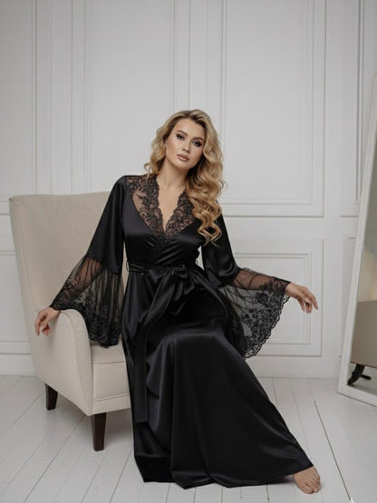 11028-Black Elegant Lace Trim Bridal Robe with Flared Sleeves
