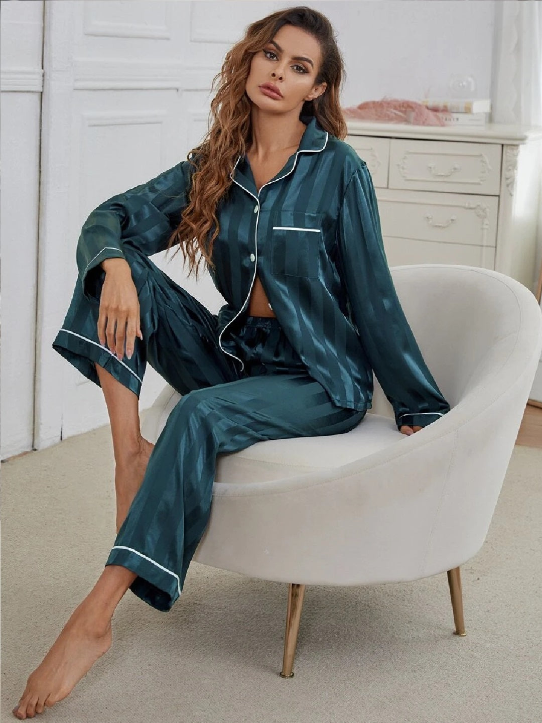 11013-Women Black Satin Finish Shirt & Pyjama Night Suit Set