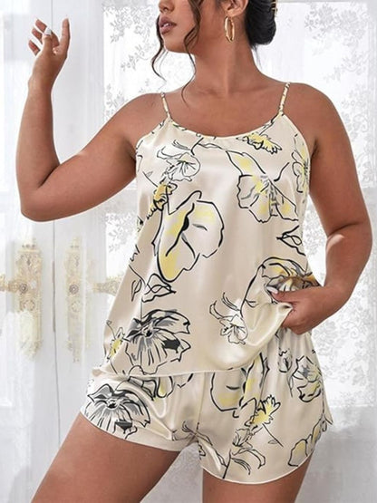 37-Celestial Print Satin Camisole & Shorts Nightwear Set