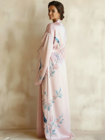 11027 - Women Blush Pink Floral & Bird Print Satin Kimono Style Night Robe