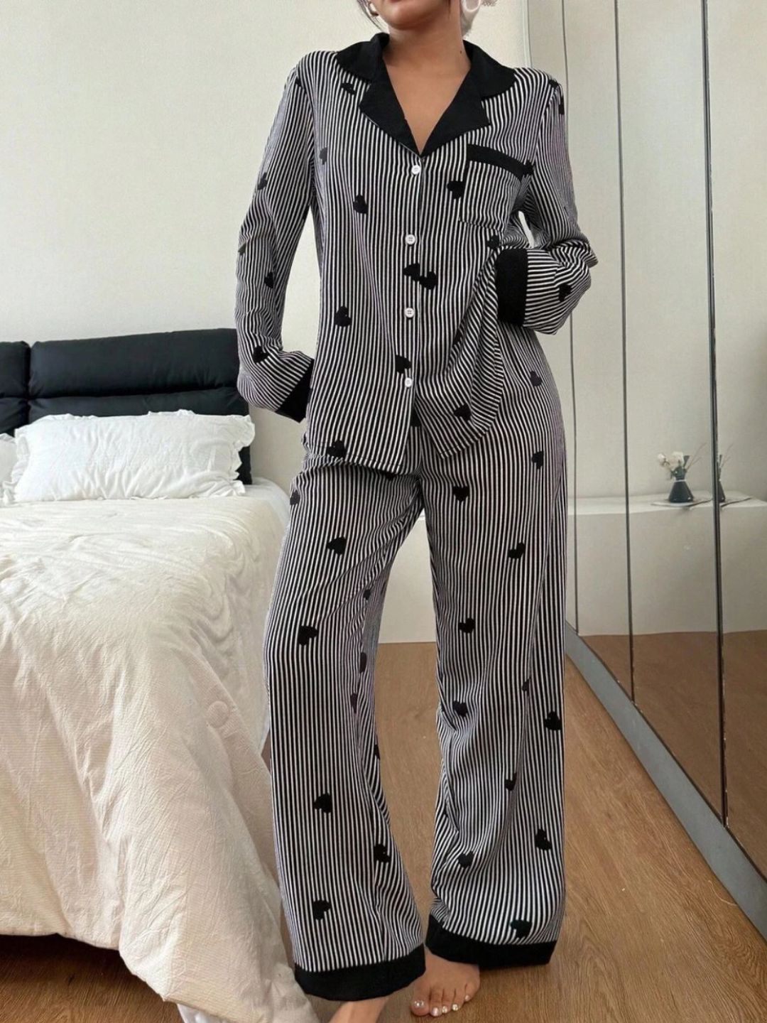 11016-Women Green & White Striped Heart Print Comfortable Shirt & Pyjama Nightwear Set