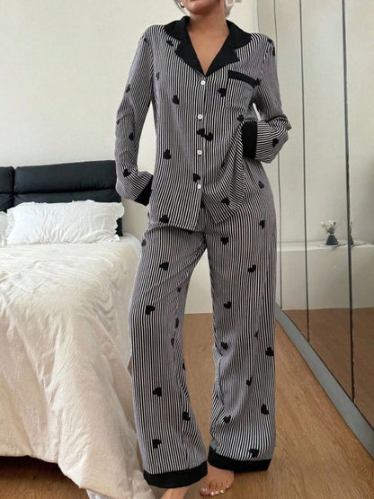 11016-Women Green & White Striped Heart Print Comfortable Shirt & Pyjama Nightwear Set