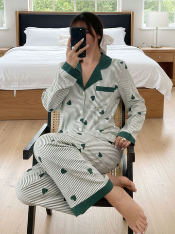11016-Women Green & White Striped Heart Print Comfortable Shirt & Pyjama Nightwear Set