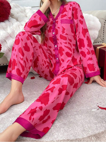 11026 - Women Pink & Red Animal Print Button-Down Night Suit