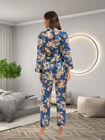 990- Women Blue Baroque Print Satin 3-Piece Night Suit Set